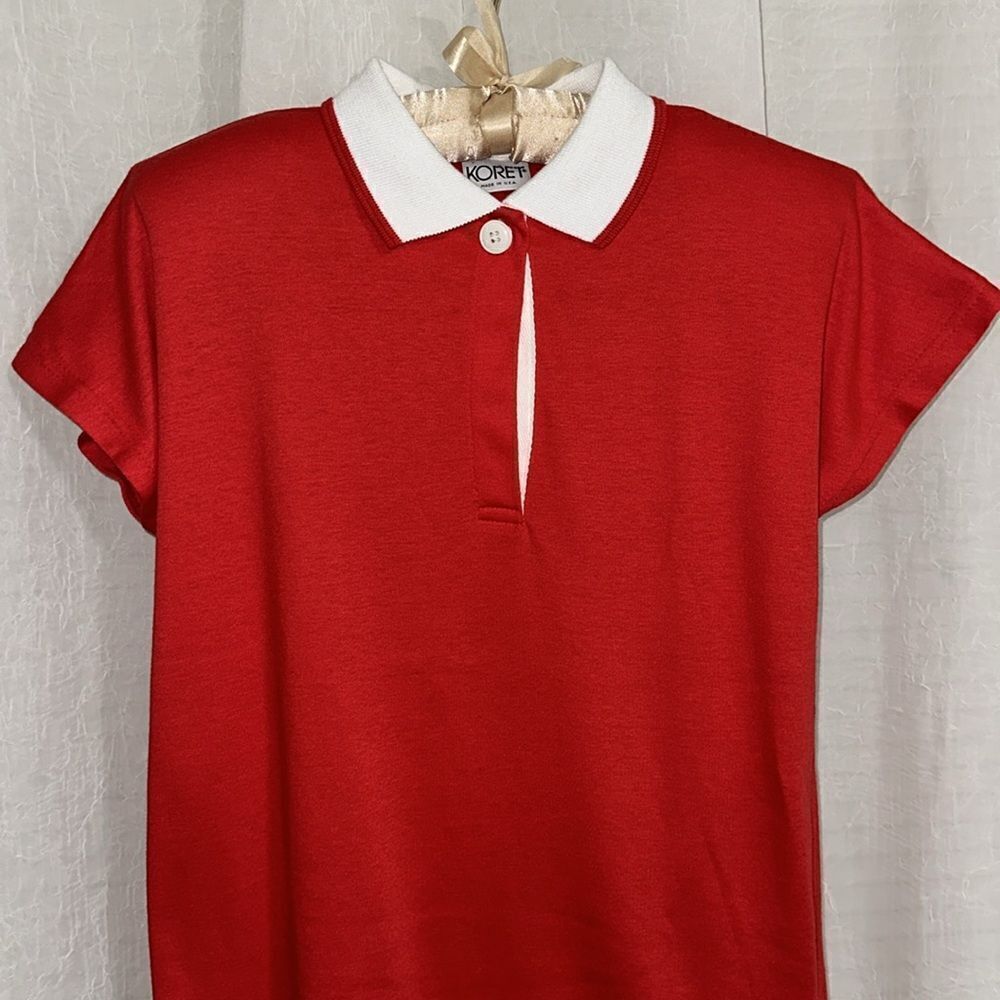 KORET M-L Red White Vintage Tennis Golf One Button Cap Sleeve Polo Top - Picture 3 of 10